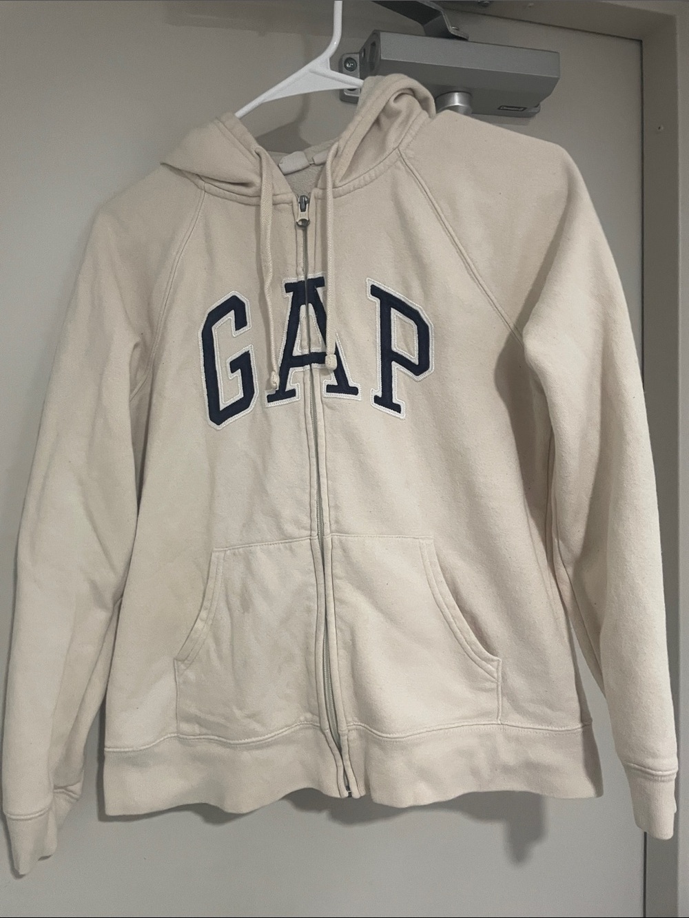 GAP Cream Full-Zip Hoodie with Navy Lettering